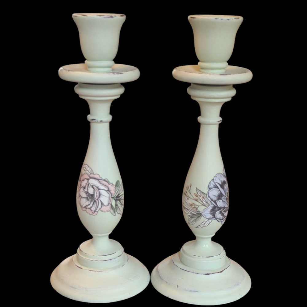 Set of wood painted candle holders Romantic Cottage Core Rustic
